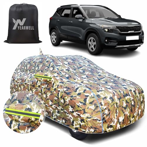 Image of Car Body Cover for Kia Seltos, 100% Waterproof with Mirror & Antenna Pockets, Military Print Design, UV & Dust Protection, Triple Stitched, Sky Piping & Reflector (Jungle Print)