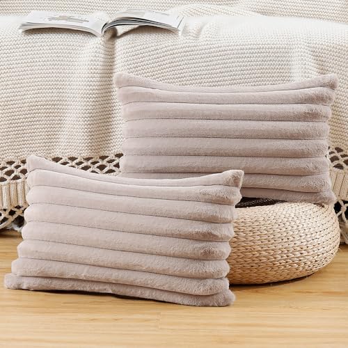 MADIZZ Set of 2 Faux Wool Plush Decorative Throw Pillow Covers 12x20 Inch Taupe Fluffy Striped Soft Decorative Cushion Cover for Sofa Bedroom Pillow Shell