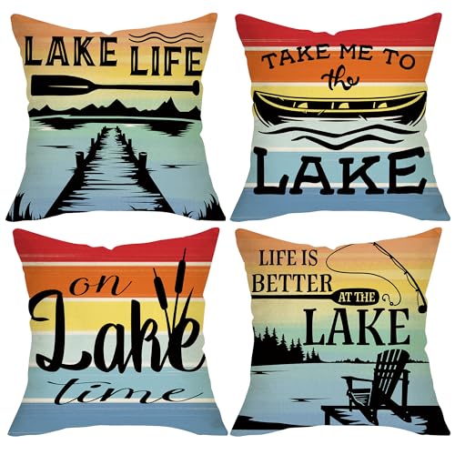 Fjfz Lake Life Boat Paddle Decorative Throw Pillow Covers 20x20 Set of 4, on Lake Time Lakehouse