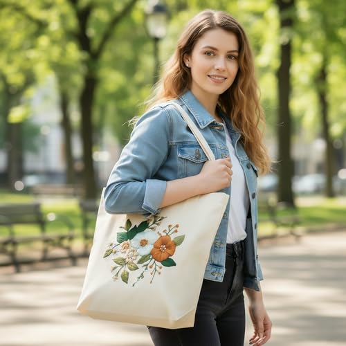 Image of Huacan Embroidery Canvas Bag Kits for Adults Beginner Stamped Flowers Pattern DIY Cross Stitch Printed Flower Stitching Sewing Kit