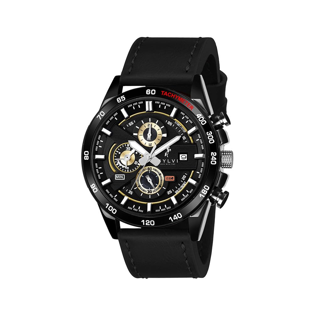 Sylvi Timegrapher Gold Dial Black Leather Strap Analog Watch for Men with Stop Watch (B0DDXWF8FQ) Amazon Price History, Amazon Price Tracker