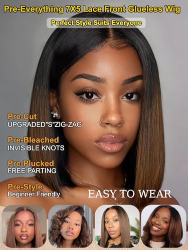 Image of Sunber Chestnut Brown Ombre Yaki Straight Bob Drawstring Wig Human Hair No Slip Glueless 7x5 HD Lace Front Wig Pre Cut Pre Plucked Bleached Knots Ready to Wear Short Yaki Bob Wig 12 Inch