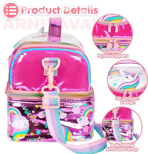 Image of Kids Double Decker Cooler Insulated Lunch Bag Large Tote for Boys, Girls, Men, Women, with Adjustable Strap (Rainbow Unicorn-)