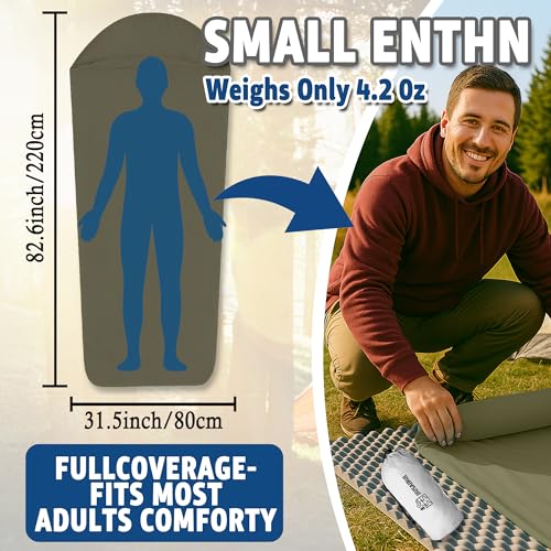 JIUSAIRUI 4.2 oz Ultralight Sleeping Bag Liner – Zipper-Free Design for Comfort, Quick-Dry & Machine Washable Travel Sheet for Camping, Hotels, Backpacking, Hostels (Army Green)