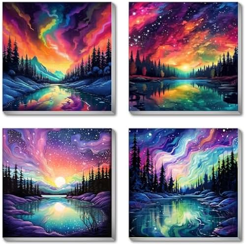 FQOVKYN 4 Pack Landscape Paint by Number for Adults Framed Canvas, DIY Aurora Arts and Crafts for Adults Beginner with Paint Brushes, Acrylic Paint Set for Home Wall Decor, 8 * 8 Inch
