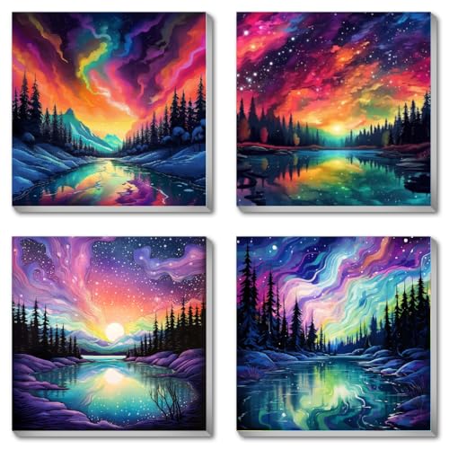 FQOVKYN 4 Pack Landscape Paint by Number for Adults Framed Canvas, DIY Aurora Arts and Crafts for Adults Beginner with Paint Brushes, Acrylic Paint Set for Home Wall Decor, 8 * 8 Inch