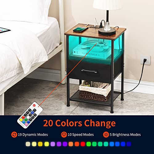 Lakemid Nightstands Set Of 2 With Charging Station And Drawer, End Table Bedside Table With 20 Colors Led Light Strip And 2 Layers Shelf For Bedroom Living Room Sofa (Rustic Brown) #TOP5