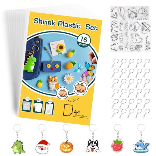 SZEBISOA Lot de 46 films rétractables pour porte-clés (12 films rétractables A4, 2 A4 et 2 feuilles A5, film rétractable avec motifs, 30 anneaux de clés) Shrink Plastic pour projets créatifs.