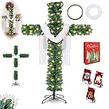 Cross Christmas Tree - 6 Ft Pre-Lit Artificial Pine Cross With LED Lights and White Crown Silk (4ft)