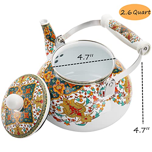 Lyellfe Vintage Enamel Tea Kettle, Decorative Floral Teapot With Porcelain Handle, 2.6 Quart Anti Rust Hot Water Kettle For Stovetop #TOP3