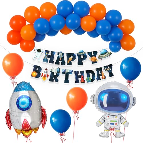 Image of Rozi Decoration Happy Birthday Decoration Items Space Theme for Boys, Girls, Kids Birthday Decorations, Astronaut Balloons Birthday Decoration, Rocket s Pack of 23 Pcs,blue,orange Latex, Foil, Paper