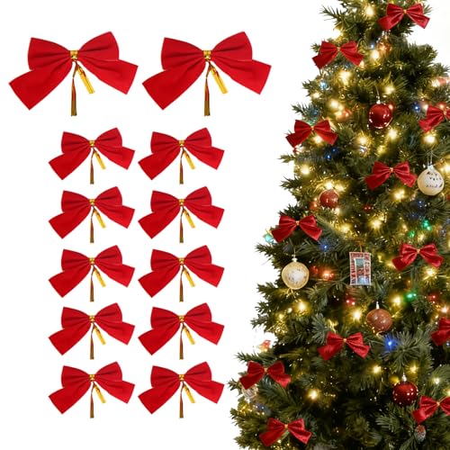 Dolaso 12 lazos de Navidad de 23 x 27 cm, lazos de terciopelo rojo, elegantes lazos de Navidad para corona, decoración de árbol de Navidad, guirnaldas, chimeneas, decoración de puerta de casa, regalo