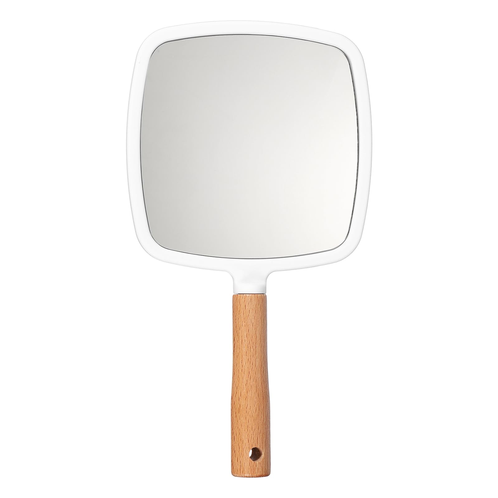 sourcing map Hand Held Mirror, Wood Portable Hand Vanity Mirrors Single Side with Hook Hole for Bathroom, Bedroom, Travel, & Makeup Use, White(Square)