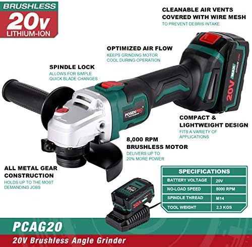 Brushless Cordless Angle Grinder 20V MAX, POSENPRO 125MM 8000RPM Cut-Off/Angle Grinder Tool with 4.0Ah Lithium-ion Battery & Fast Charger, 2-Position Auxiliary Handle