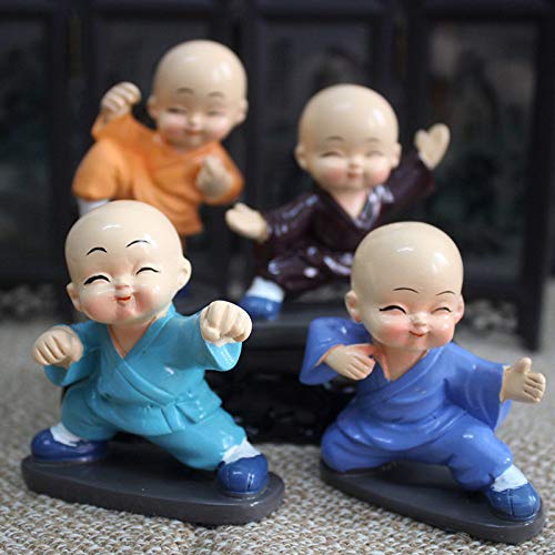 Statue Bouddha miniature en résine : lot de 4 moines Kung Fu pour déco maison et auto