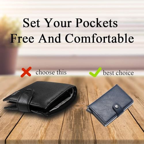 Credit Card Holder RFID Blocking Leather Automatic Pop Up Wallet Aluminum Slim Pocket Bifold Business Card Case with Button (Blue)4