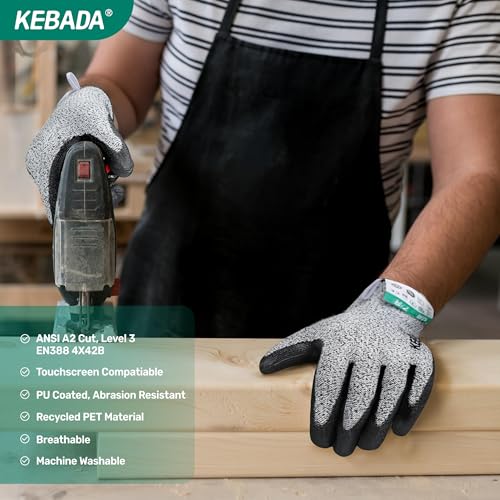 Image of Kebada C2 Cut Resistant Gloves, ANSI A2, PU Coated, Touchscreen, 12 Pairs | Bulk Pack, Breathable, Secure Grip, Recycled PET, Safety Work Gloves for Fishing, Woodworking, DIY, Gardening and Warehouse