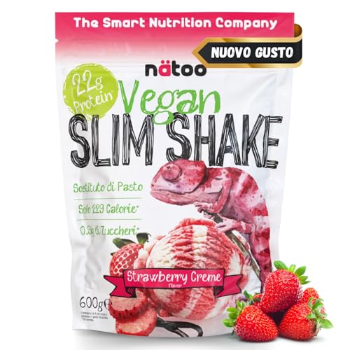 NÄTOO Pasto Sostitutivo Vegan Slim Shake Proteico - Sostituto di pasto completo per il controllo del peso a base di proteine vegetali con 27 minerali e vitamine - 600gr. (10 porzioni) (Fragola)