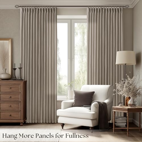Image of Taupe Pinch Pleated Semi Sheer Linen Curtains 102 Inch Long for Living Room