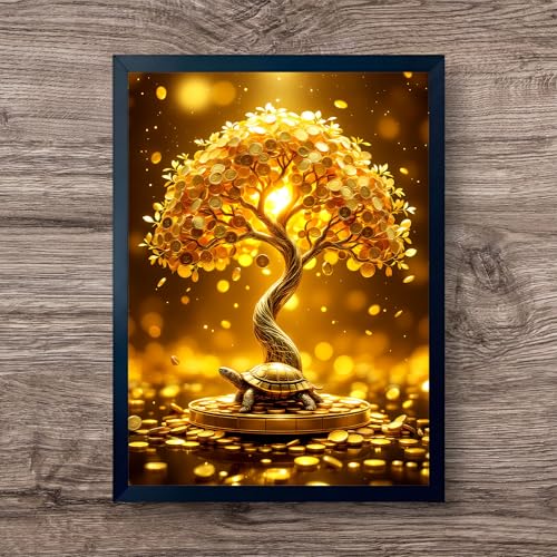 Image of ARTFUL TOY BOX - Golden Money Tree with Feng Shui Turtle Photo Frame Wall Art for Home Decor | Wealth Growth, Stability & Prosperity Vastu & Feng Shui Wall Decor | HD Glossy Print | Premium Fiber Black Frame - 12x18 Inch (30x45 cm) (Design 3)