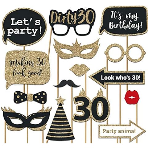 Fully Assembled 30th Birthday Photo Booth Props - Set of 30 - Black & Gold Selfie Signs - 30th Party Supplies & Decorations - Cute 30th Bday Designs with Real Glitter - Did we Mention no DIY Cover
