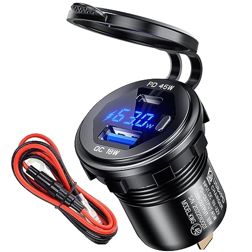 45W PD USB Steckdose 12v wasserdichte QC 3.0 12 Volt Metall USB einbau buchse mit Schalter,LED Voltmeter für Motorrad Wohnwagen Boot LKW MacBook iPhone Samsung