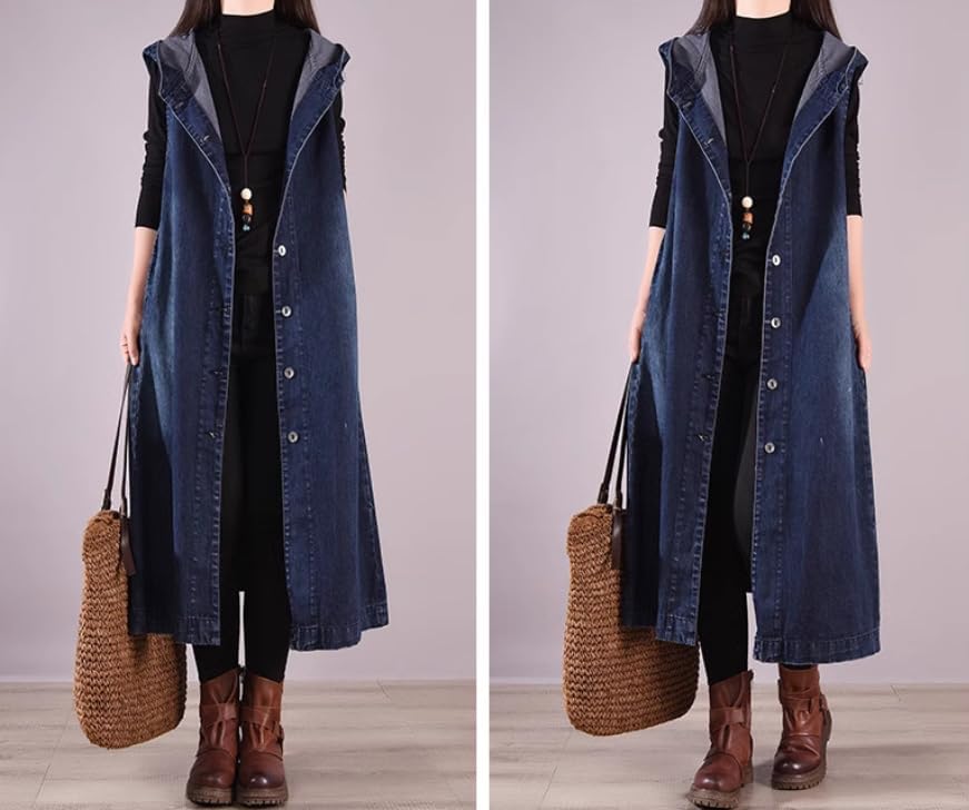 ロングデニムベスト 女性用 ノースリーブ ジーンズ ジャケット フード付き ポケット付き ワイドヘム ゆったり カジュアル