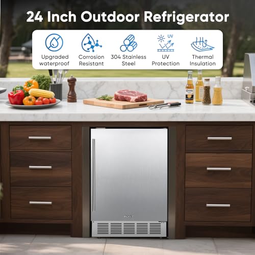 Image of 24 Inch Outdoor Beverage Refrigerator, Stainless Steel Outdoor Fridge 180 Can Under Counter Built-in /Freestanding, Waterproof, Fast Cooling, Low Noise - Outdoor Refrigerator for Home and Patio
