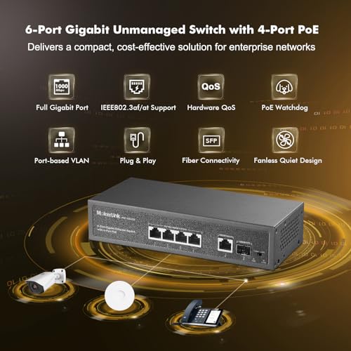 Image of MokerLink 4 Port PoE Switch, 1 Gigabit Uplink, 1 SFP, IEEE802.3af /at 75W, PoE Watchdog AI Detection, QoS, Fanless Metal Plug & Play Ethernet Switch