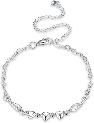 Joyería de moda 925 plata esterlina amor corazón alas ángel cadena tobillera, Plata