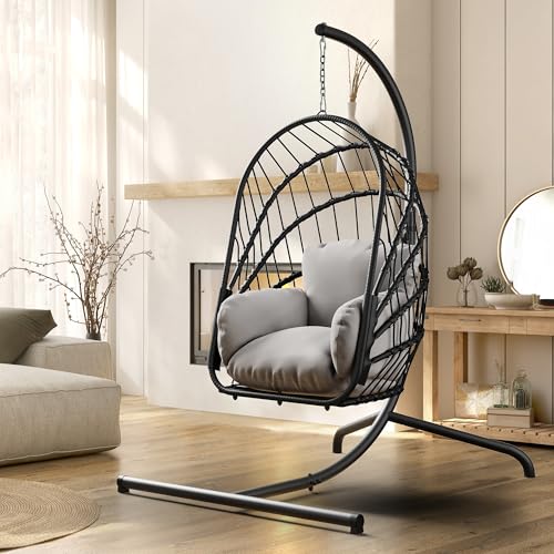YITAHOME Grau Hängesessel mit Gestell, Rattan-Korb Schaukelstuhl mit strapazierfähiger Polsterung, 160 kg Tragfähigkeit, Garten, Schlafzimmer, Balkon, Outdoor oder Indoor Schaukel Sessel