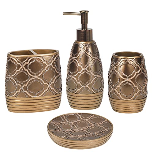 Zahari Home 4pc Spindle Stylish Bathroom Accessories Set Bathroom Soap Dispenser, Tumbler, Tooth Brush Holder and Soap Dish Modern Classic Luxury Contemporary Decor Unique Design Modern Bath Set