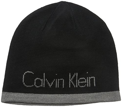 Calvin Klein Men's Reversible Logo Beanie with Contrast Edge, Black, One Size