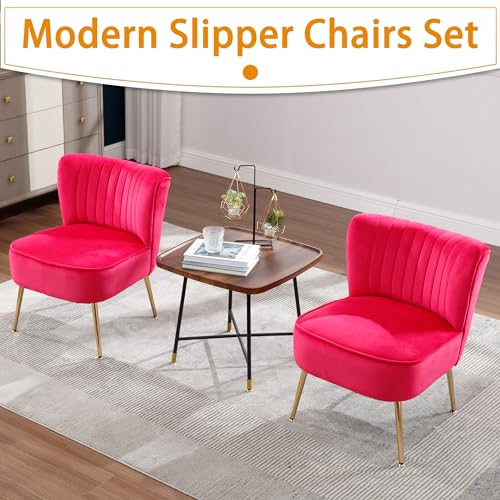ABET Accent Chairs Set of 2, Velvet Armless Living Room Chairs with Tufted Wingback Thicken Cushion Gold Metal Legs, Comfy Upholstered Side Chairs Slipper Chairs Club Chairs for Bedroom, Hot Pink