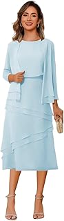 Women's 2 Piece Mother of The Bride Dresses 2025 for Wedding Tea Length Formal Evening Dress with Jacket PU252 - Buy now
