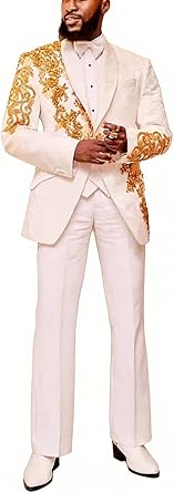 Mens White Gold Embroidered 3 Piece Suit Slim Fit Wedding Tuxedo Jacket Vest Pants for Groom Prom Party