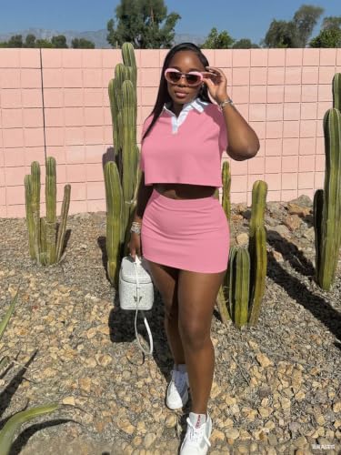Image of HBQ Women's Casual 2 Piece Skirt Sets Polo Collar Crop Top Striped Mini Dress Summer Vacation-Stripe