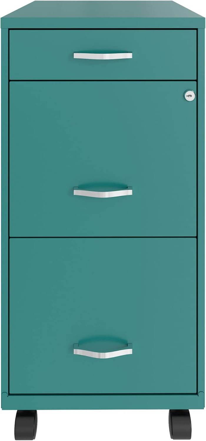 18 Inch Wide Metal Mobile Organizer File Cabinet for Office Supplies and Hanging File Folders w/Pencil Drawer & 3 File Drawers, Teal