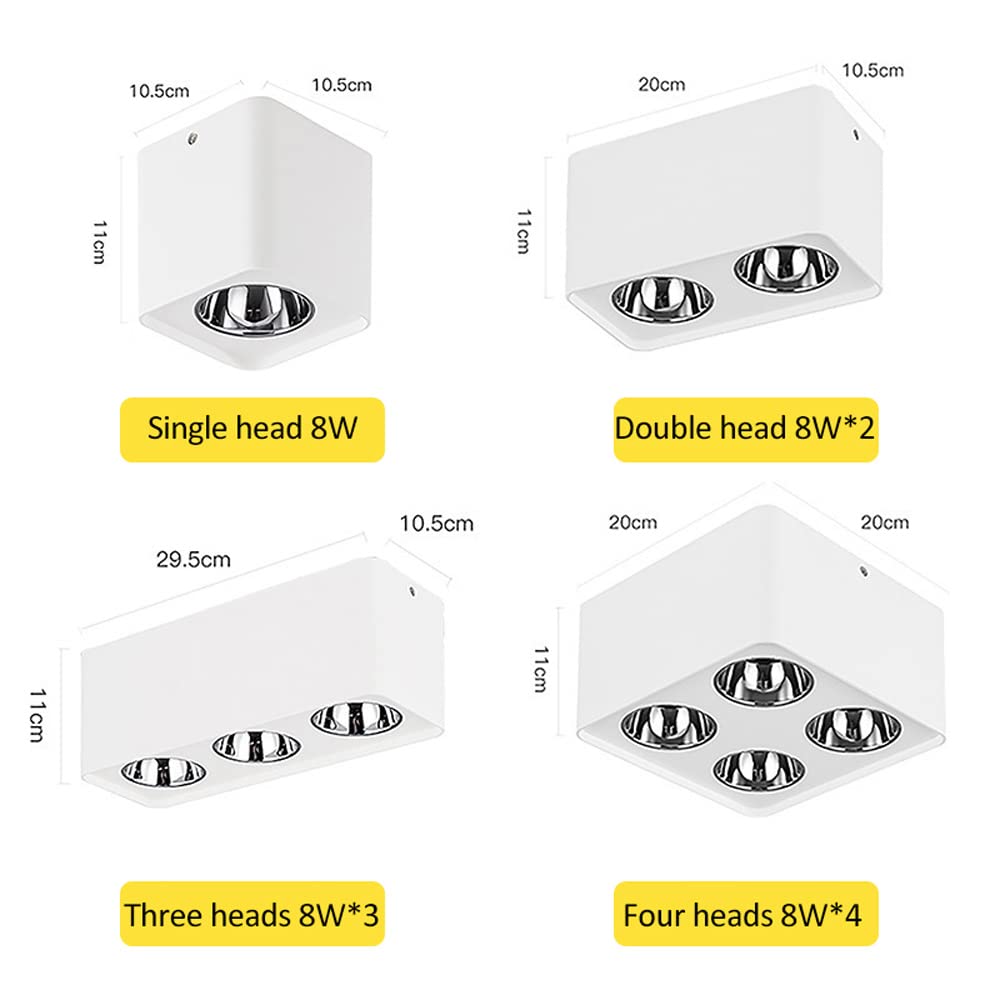 Faretto da soffitto Quadrato antiriflesso da Superficie Senza Foratura 8W/16W/24W/32W Illuminazione per Soggiorno 3000K/4000K/6000K selezionabili.,Testa Singola - 6000K