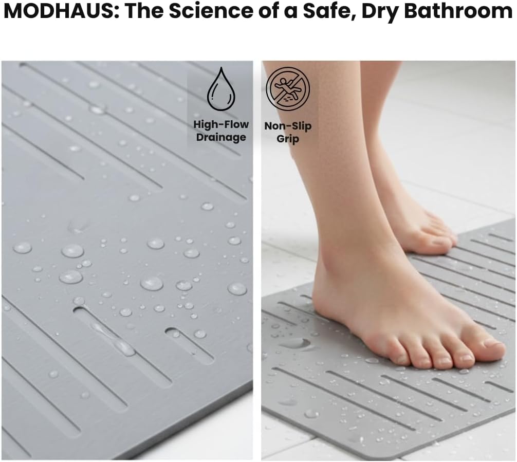 MODHAUS Diatomite Stone Bath Mat, Fast Drying Natural Bathroom Mat, Eco Friendly Non Slip Super Absorbent Bathroom Floor Mat, Easy Clean Stone Bath Mats for Bathroom - Light Gray (23.6" x 15.6”)