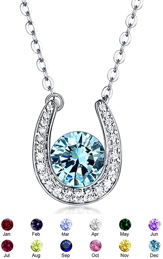 925 Sterling Silver Horseshoe Necklace with Custom Birthstone - Personalized Horseshoe Pendant Good Luck Charm Dainty Everyday Necklace Gift for Her - Horse Shoe Lucky Necklace