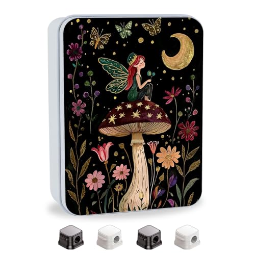 Image of Metal Tin Box with Lid,Multi-functional Storage Box Can Store Tea Biscuits Game Cards, Playing & Tarot Cards-Comes with 4 Magnetic Cord Clips,Mushroom Fairy