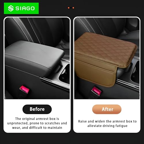 Image of SIAGO Car Armrest Cover Cushion with Storage Bags | Soft Center Console Protector Pad | Non-Slip, Waterproof & Durable | Universal Fit for Cars, SUVs & Trucks (Tan) SIA144