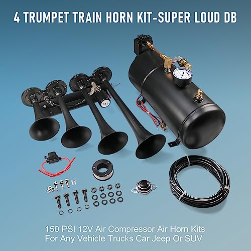 Ldminda Z452-THAIRSET4 4 Trumpet Train Horn Kit For Car/Truck/Pickup/Semi/Jeep/Rv/Suv 12V Complete Onboard System 150Psi Air Compressor thumb #1