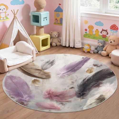Tapis rond 120 cm antidérapant et lavable machine rose Plume - 8