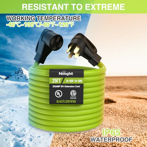 Image of Nilight 25FT 50 Amp RV Extension Cord 250V Heavy Duty 6 /3+8 /1 Gauge Pure Copper STW Wire UL ETL Listed 4 Prong 14-50P 14-50R Weatherproof Suit for EV Trailer Campers Bright Green