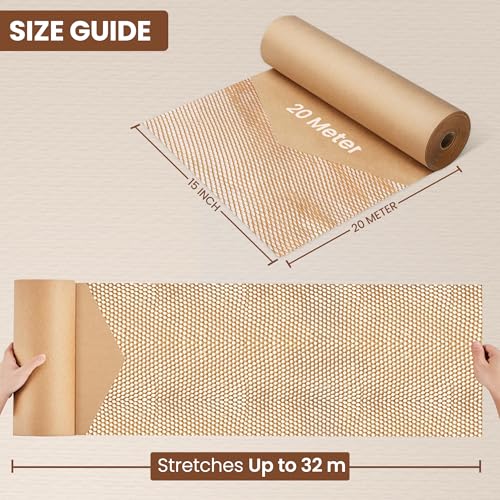 Image of Robustt Honeycomb Paper Bubble Wrap Roll 15 Inch x 20 Meters - Eco-Friendly Cushioning Paper Roll for Packing, Shipping & Moving, Strong Kraft Paper Protective Packaging Material (Pack of 1)