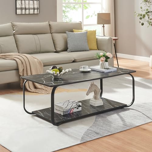 [en.casa] Couchtisch Kolta 120x60x43 cm Marmoroptik, Schwarz Sofatisch mit untere Ablagefläche Wohnzimmertisch mit Stauraum