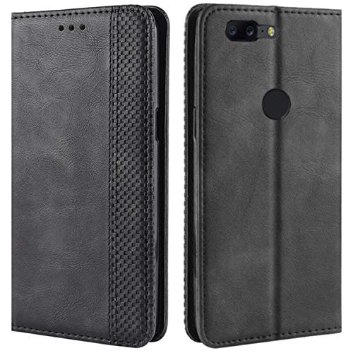 HualuBro Handyhülle für OnePlus 5T Hülle, Retro Leder Brieftasche Tasche Schutzhülle Handytasche LederHülle Flip Hülle Cover für OnePlus 5T 2017 - Schwarz