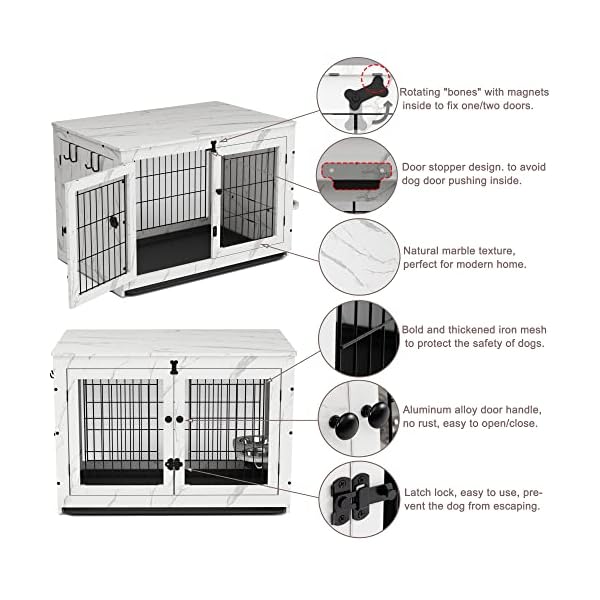 Furniture-Style-Dog-Crate-End-Table-with-Tray-360-Rotatable-Removable-Dog-Bowls-2-Double-S-Hooks-Detachable-Top-Cover-Wooden-Double-Doors-Dog-Crate-for-Medium-Dog-Small-Dog-Kennel-Indoor-White Wooden Double Doors Dog Crate